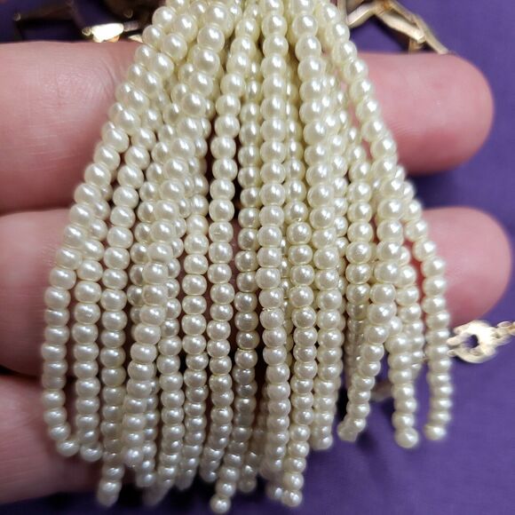 Baublebar Signed Long Gold Tone, Faux Pearl & Rhinestone Accent Tassel Necklace - Picture 11 of 12